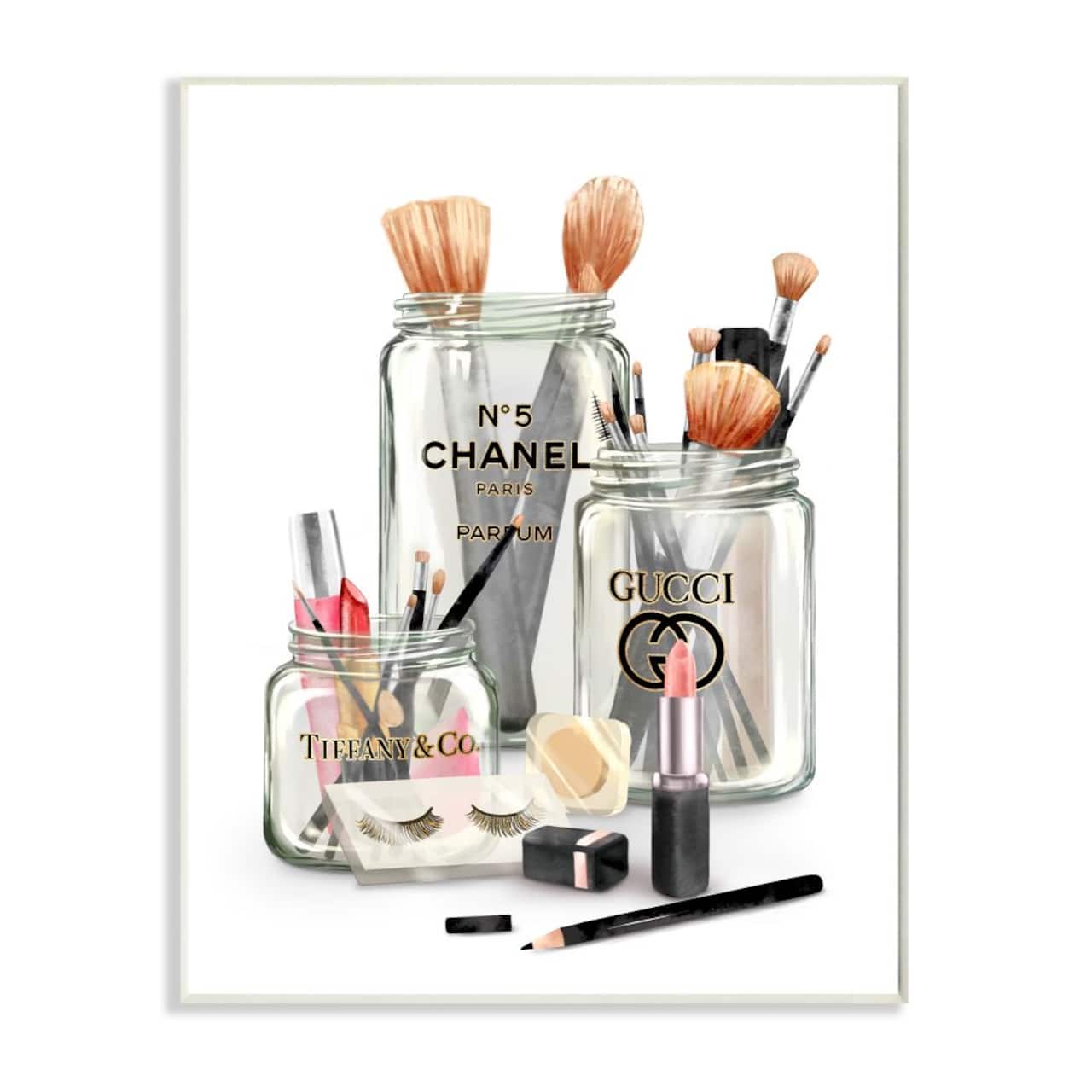 Stupell Industries Fashion Brand Makeup In Mason Jars Glam Design Wood Wall Plaque